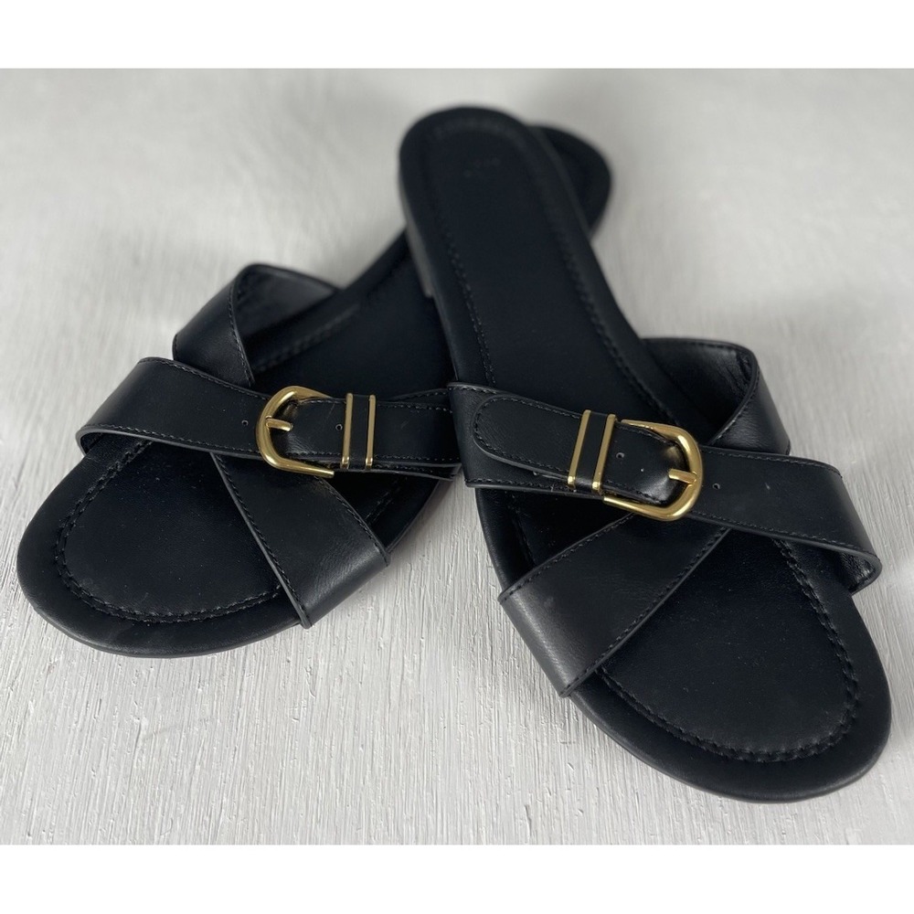 H&M Women's Slide Sandals Size‎ 39 US 8 Black Gold Buckle - Picture 2 of 9